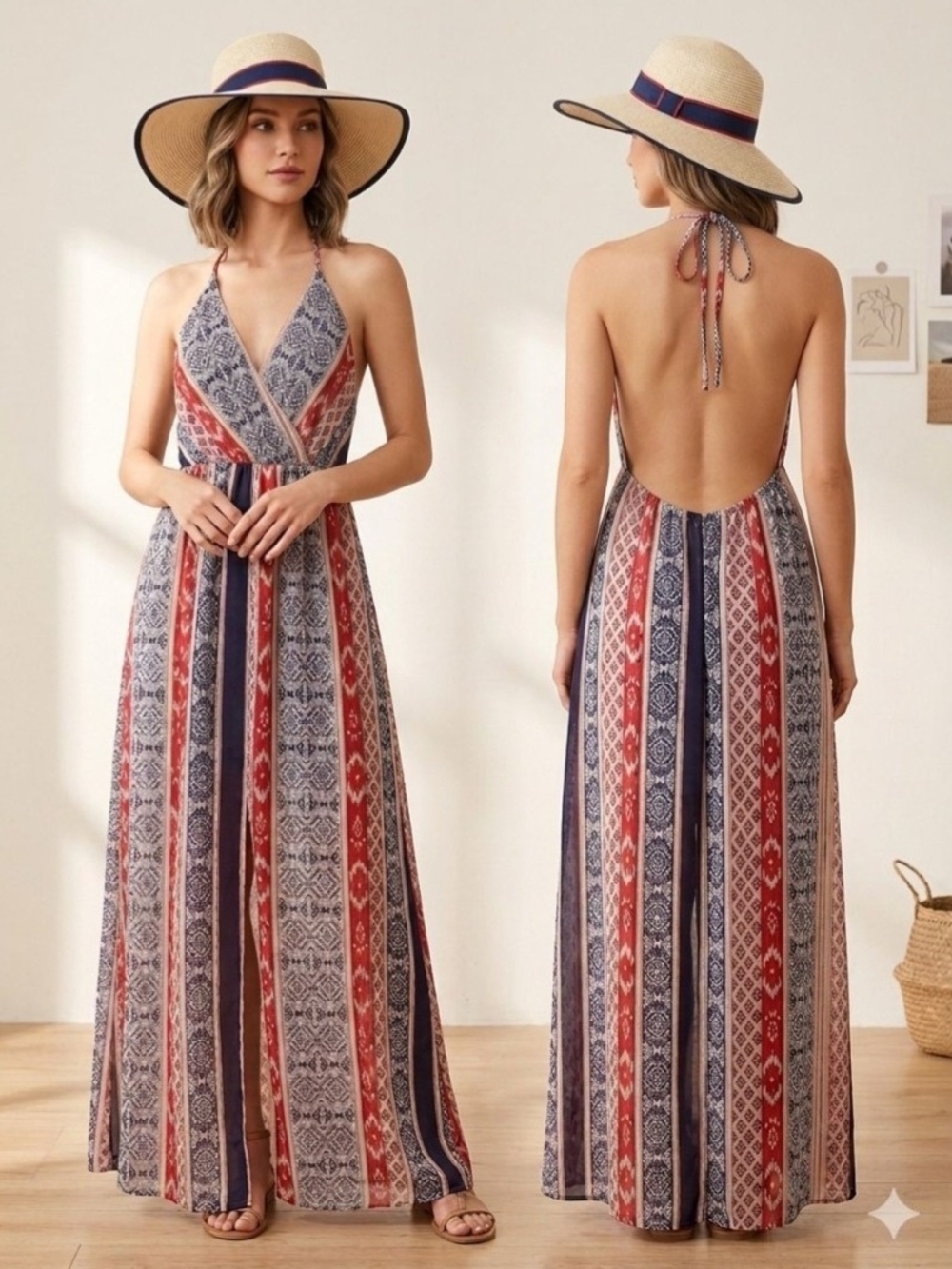 Love, Fire Bohemian Striped Halter Maxi Dress - Red & Navy. Size M